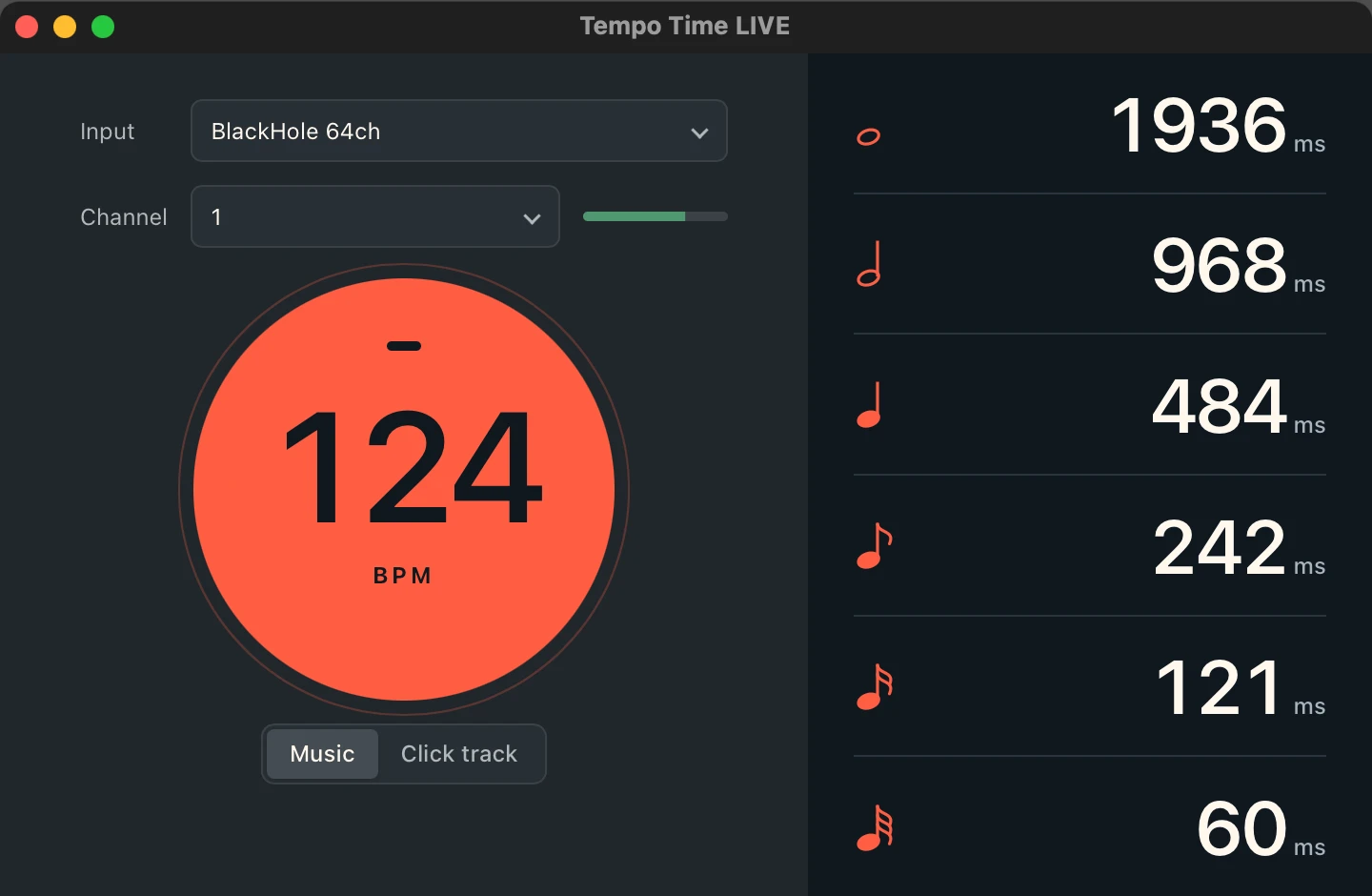 Tempo Time LIVE following the tempo of an audio input and showing note lengths in milliseconds