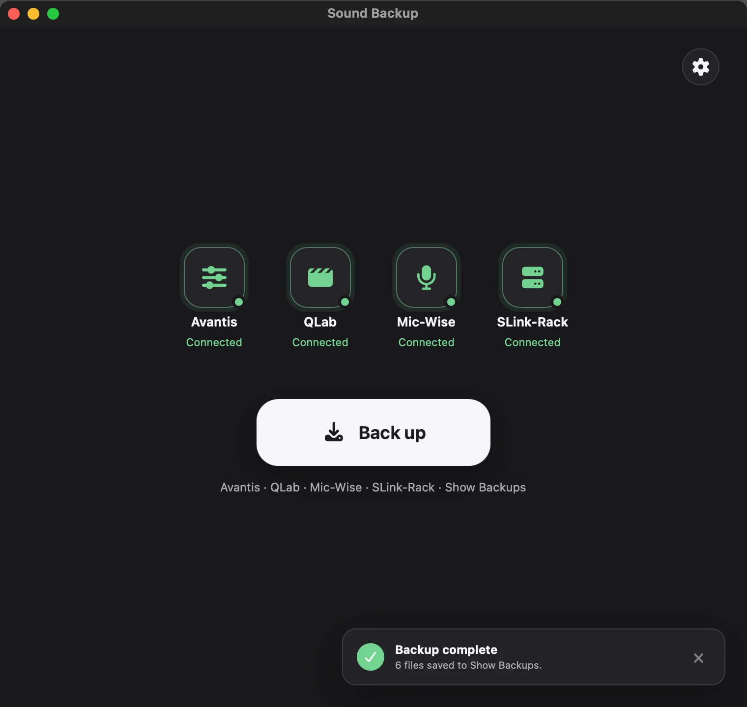 Sound Backup confirming that 6 files were saved to the Show Backups folder