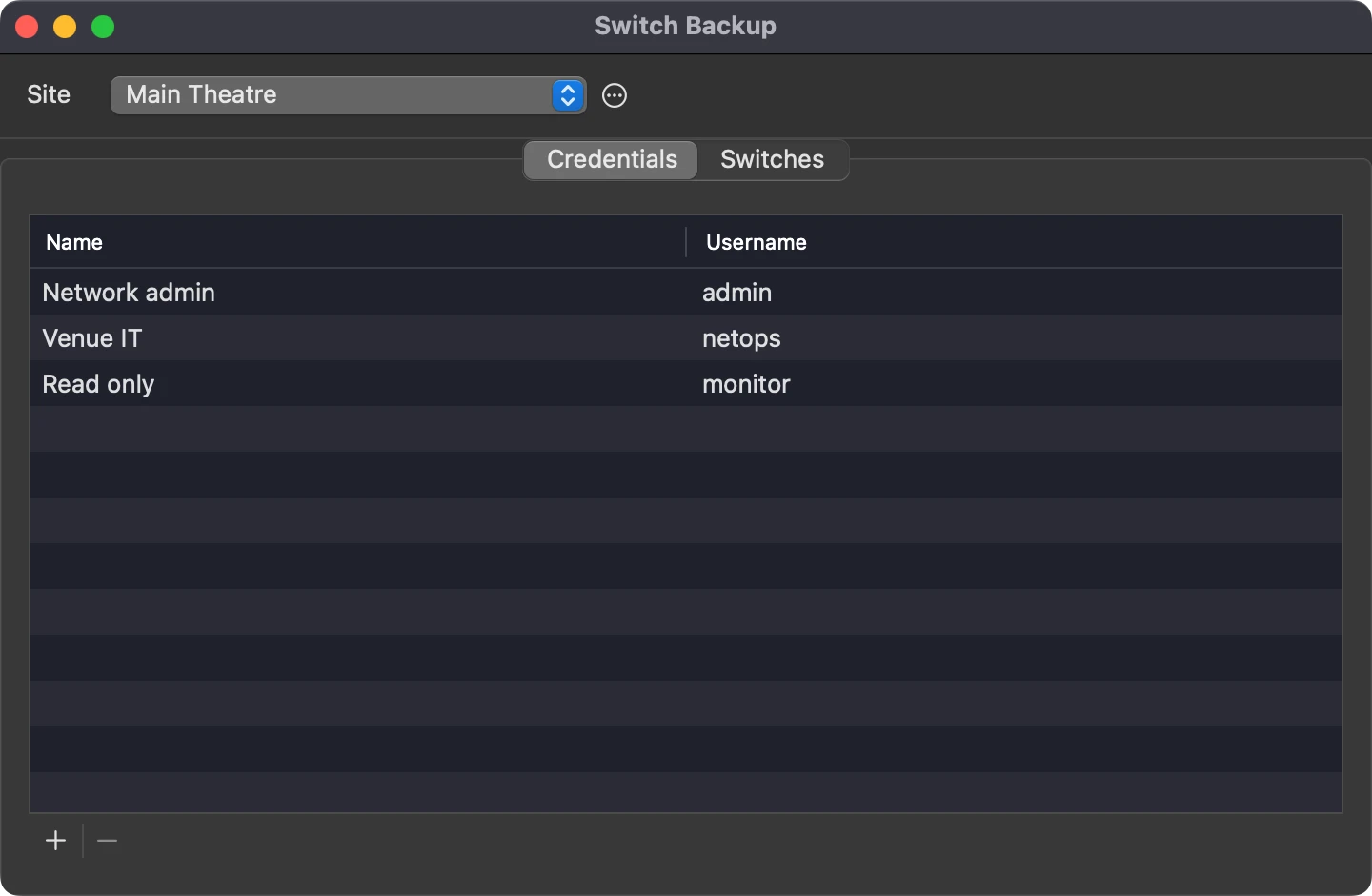Switch Backup’s list of saved administrator credentials