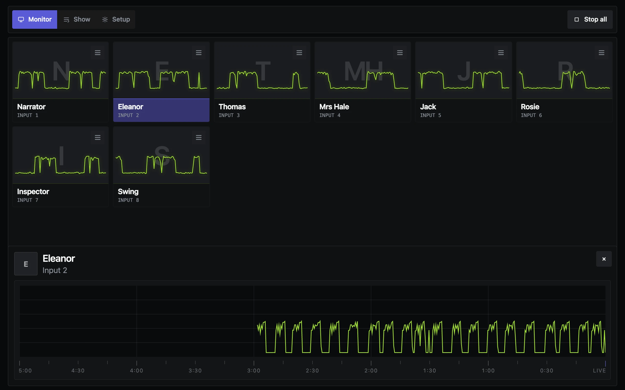 Mic-Wise monitoring eight radio mics with live waveforms and the last five minutes of one mic open