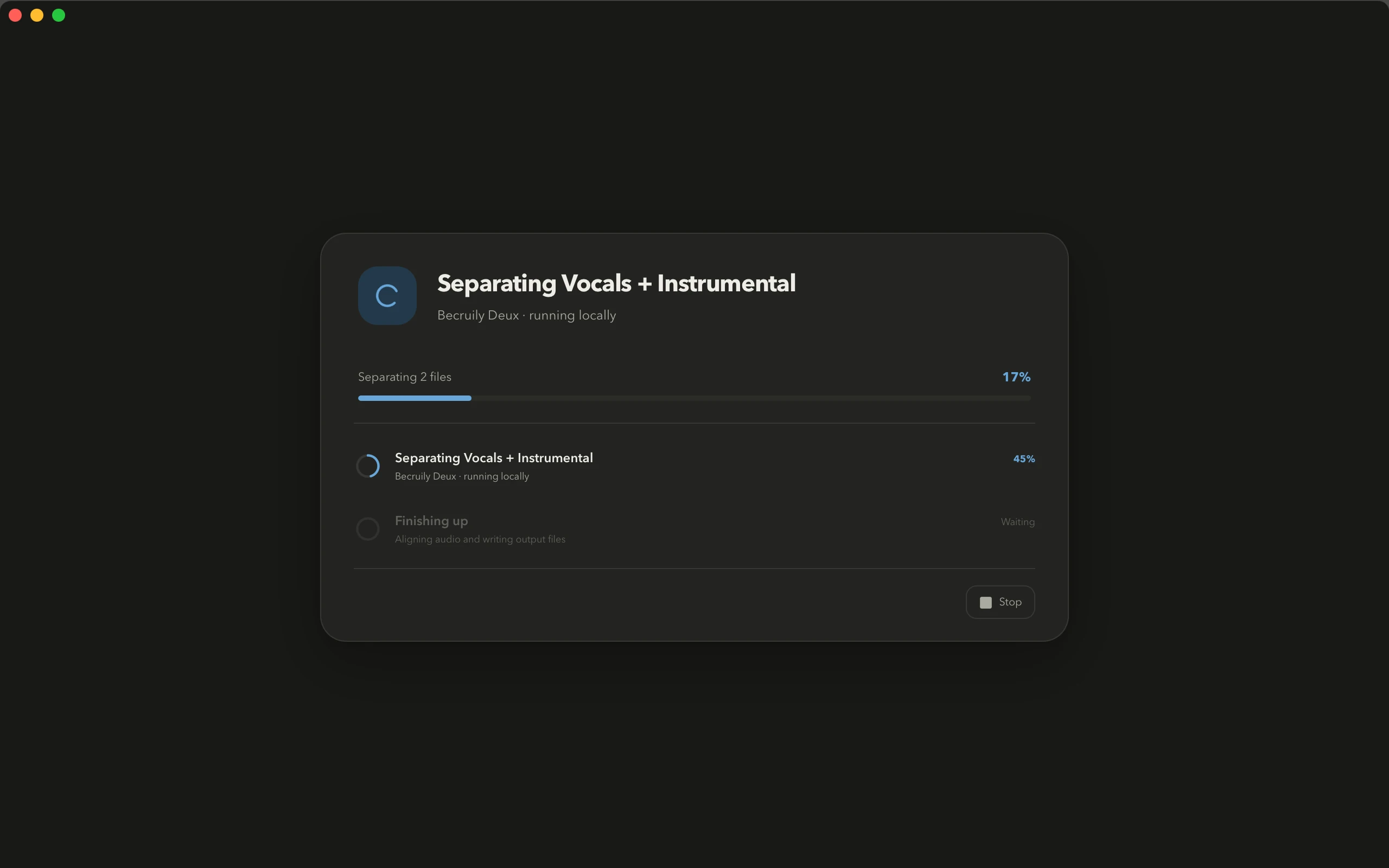 Stem Separator separating vocals and instrumental from two files, 17% done