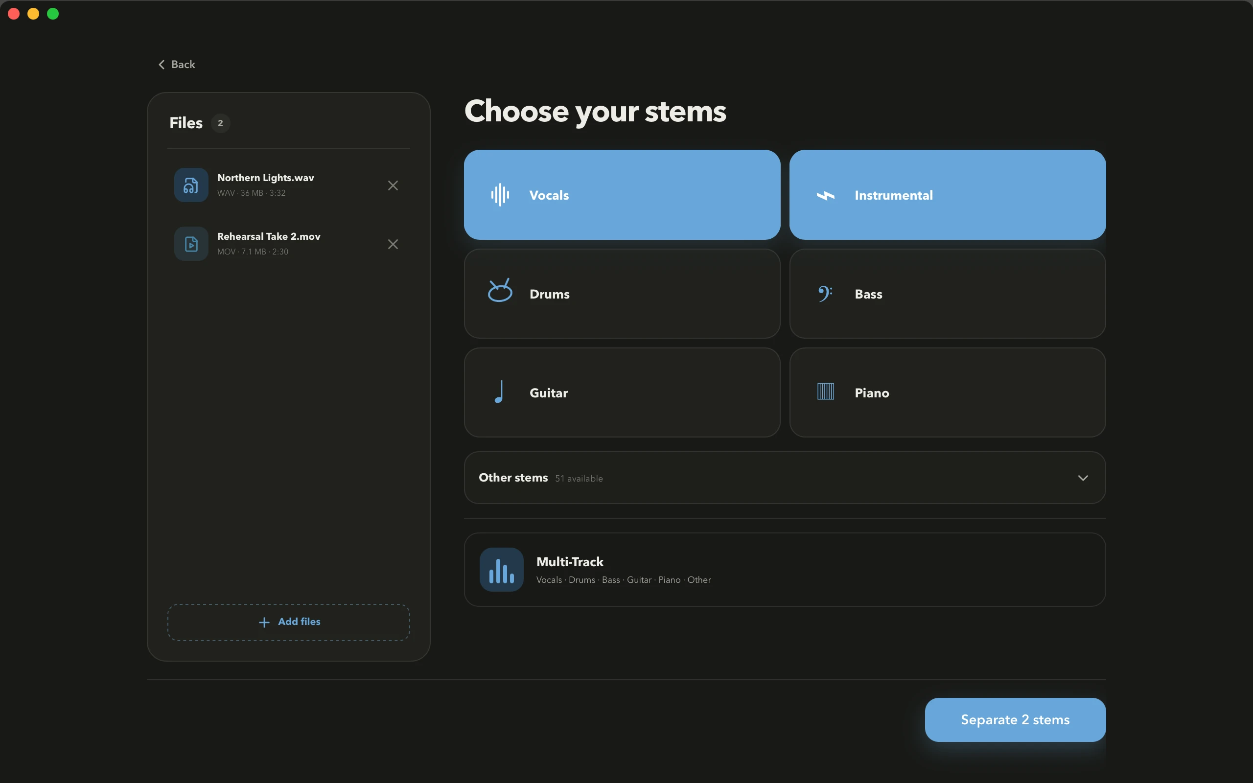 Stem Separator with a WAV and a MOV file added and vocals and instrumental selected