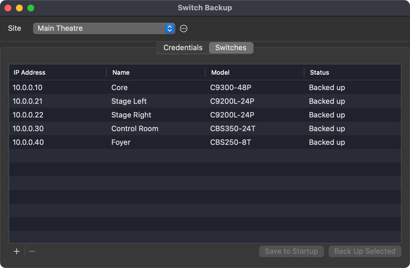 Switch Backup listing five Cisco switches with their IP addresses, names and models, all backed up