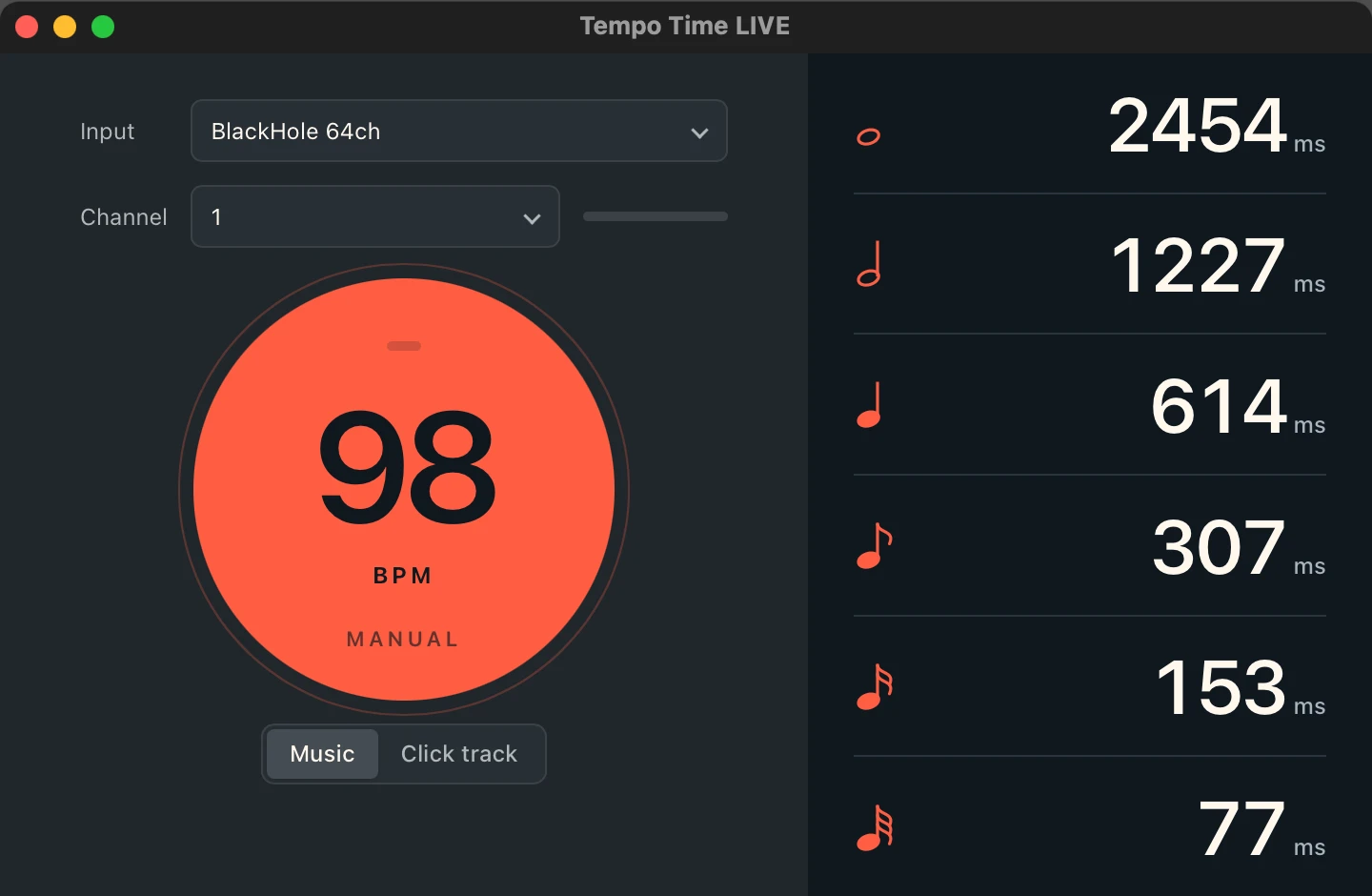 Tempo Time LIVE showing a tapped tempo and its note lengths